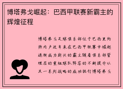 博塔弗戈崛起：巴西甲联赛新霸主的辉煌征程